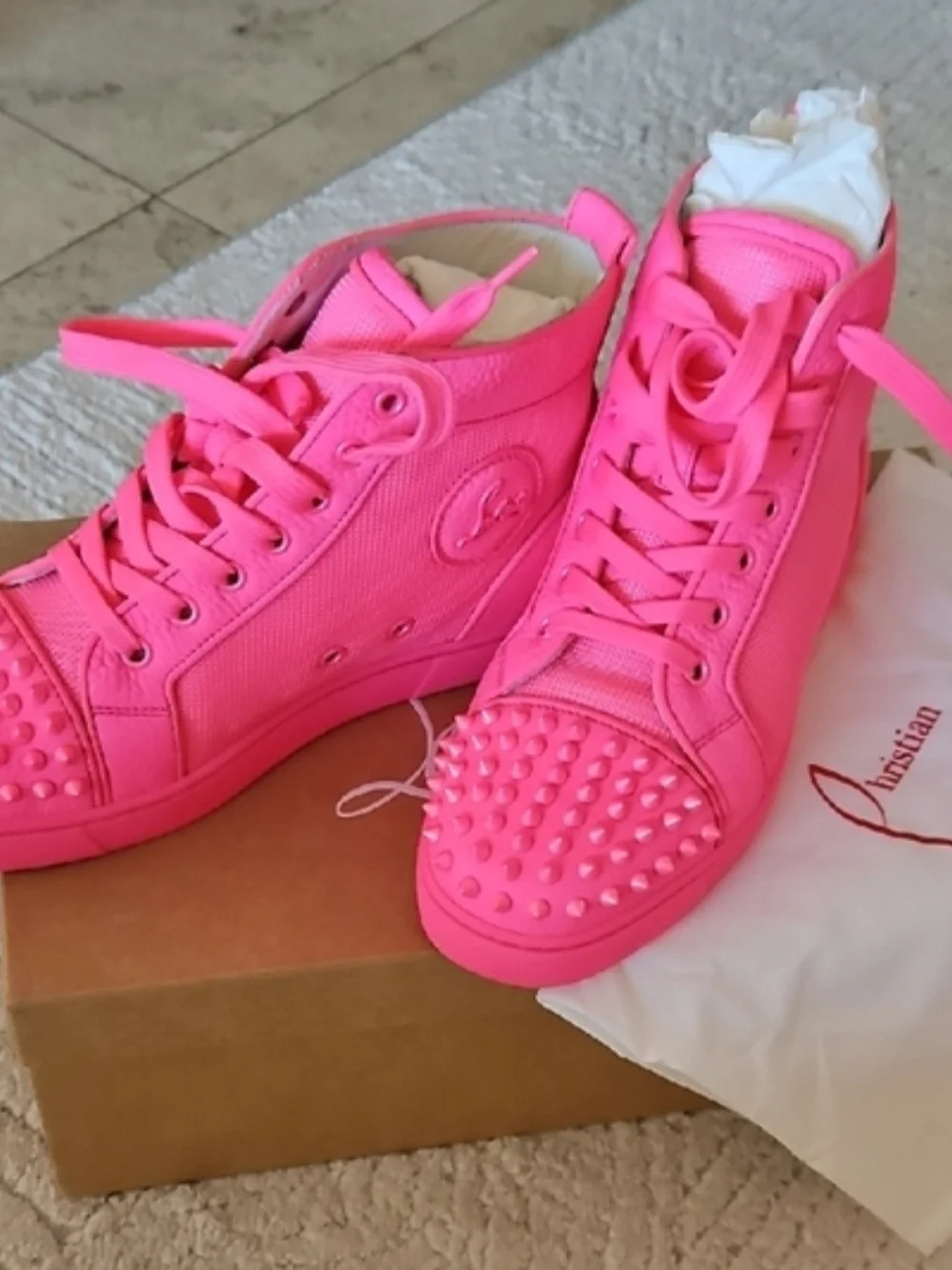 Christian Louboutin Women's Pink Spiked High-Top Sneakers - Picture 2 of 7